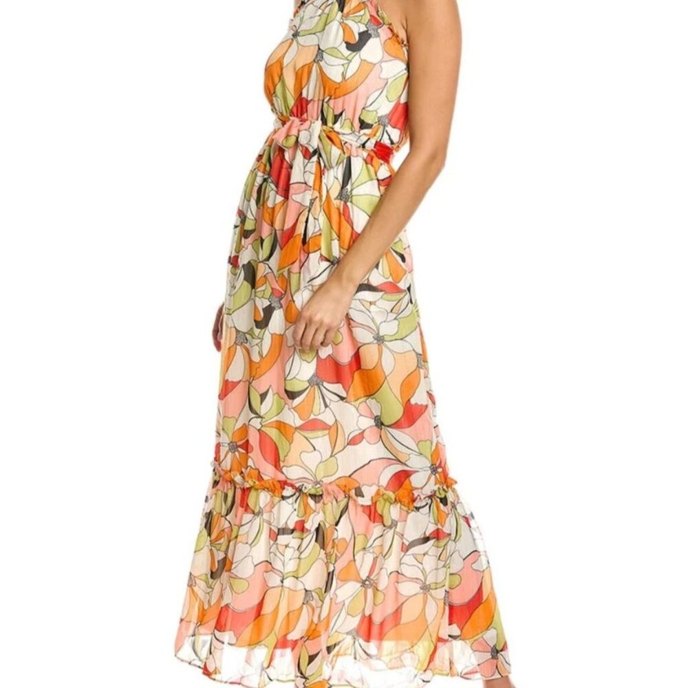 BCBGeneration Ruffled Floral Print Maxi Dress Size 12 Multicolor Halter Neck - Picture 1 of 15